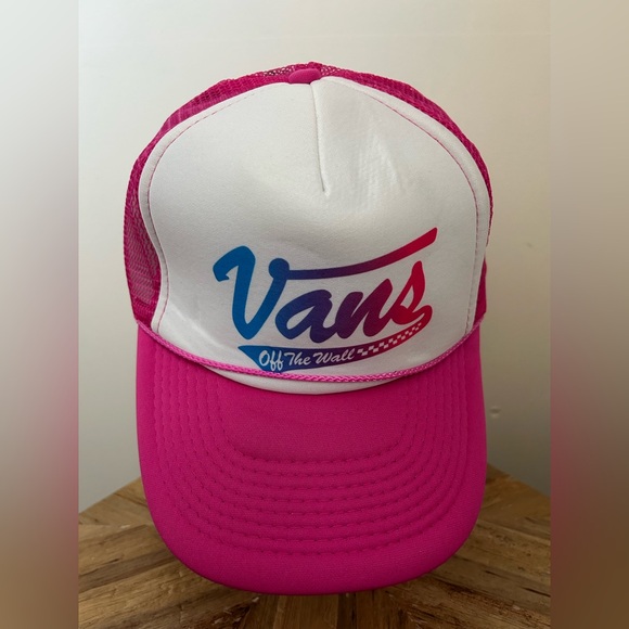 Vans Accessories - Vans White Front Pink Trucker Hat with Blue-to-Pink Logo